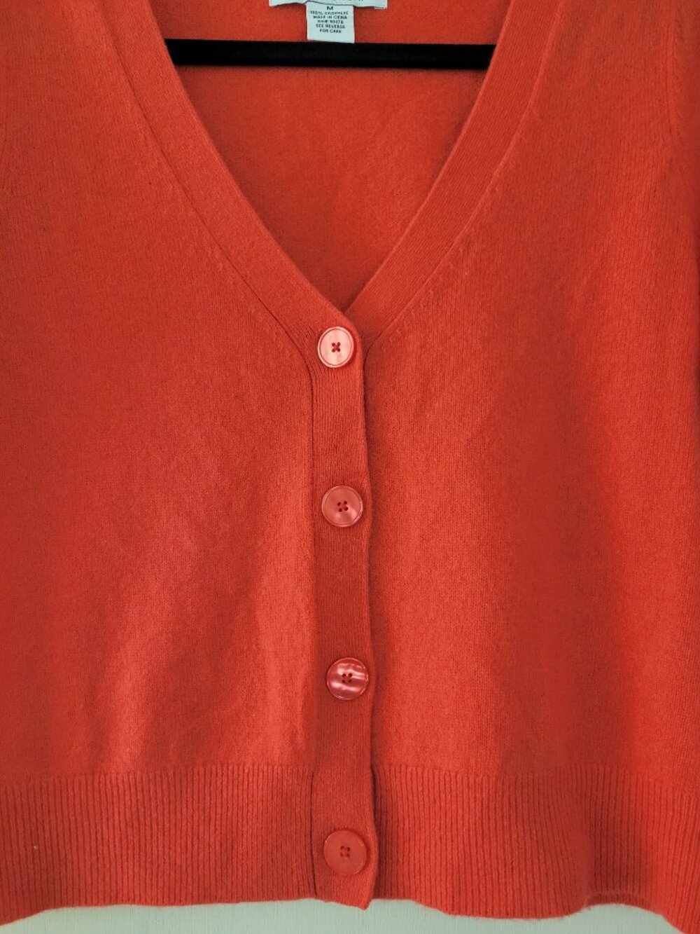 Magaschoni 100% Cashmere V-Neck Button Cardigan Coral Orange Short Sleeve M - Picture 4 of 9